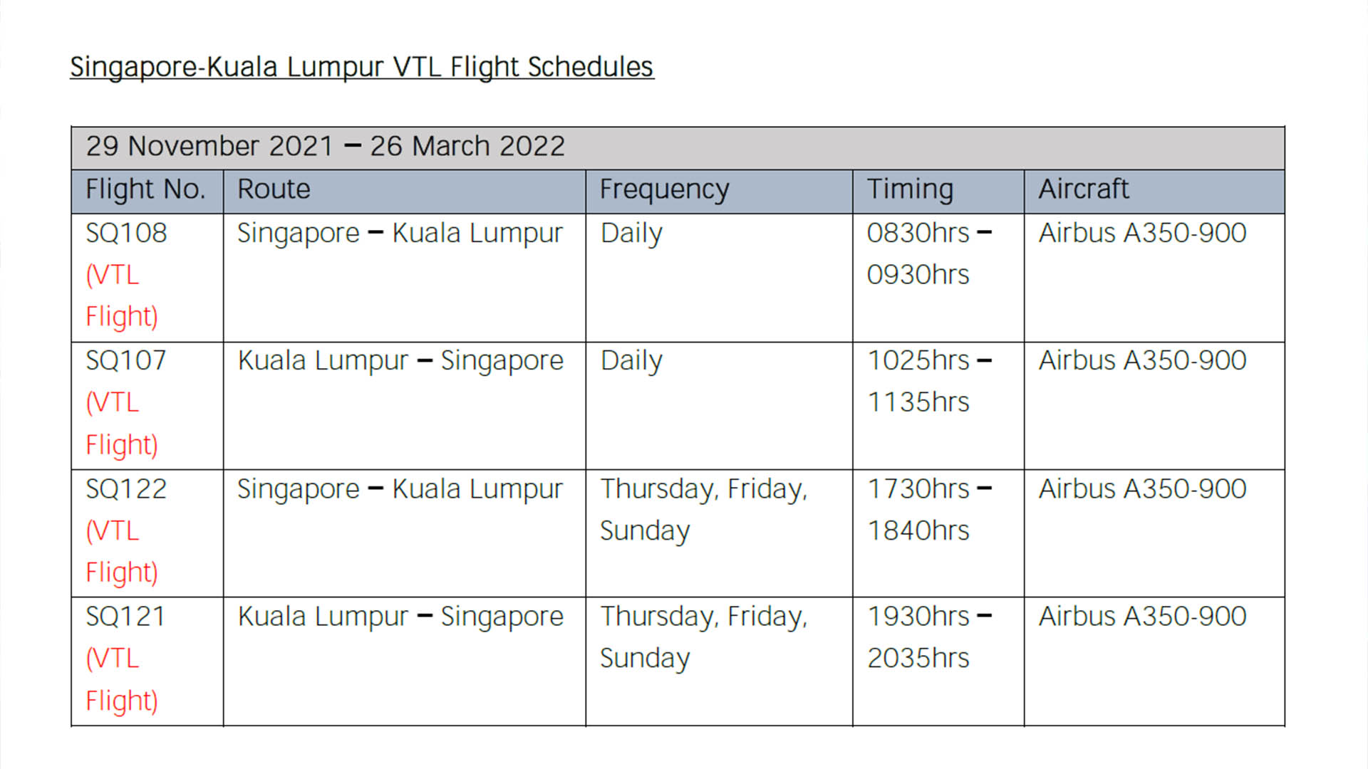 Singapore Airlines: KL VTL flights