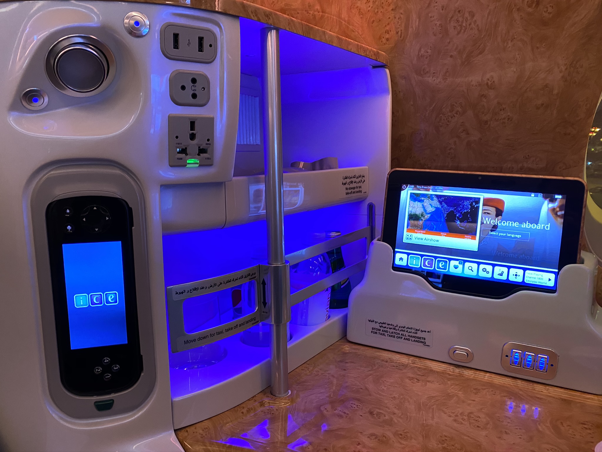 The personal mini bar, inflight entertainment controller and personal tablet.