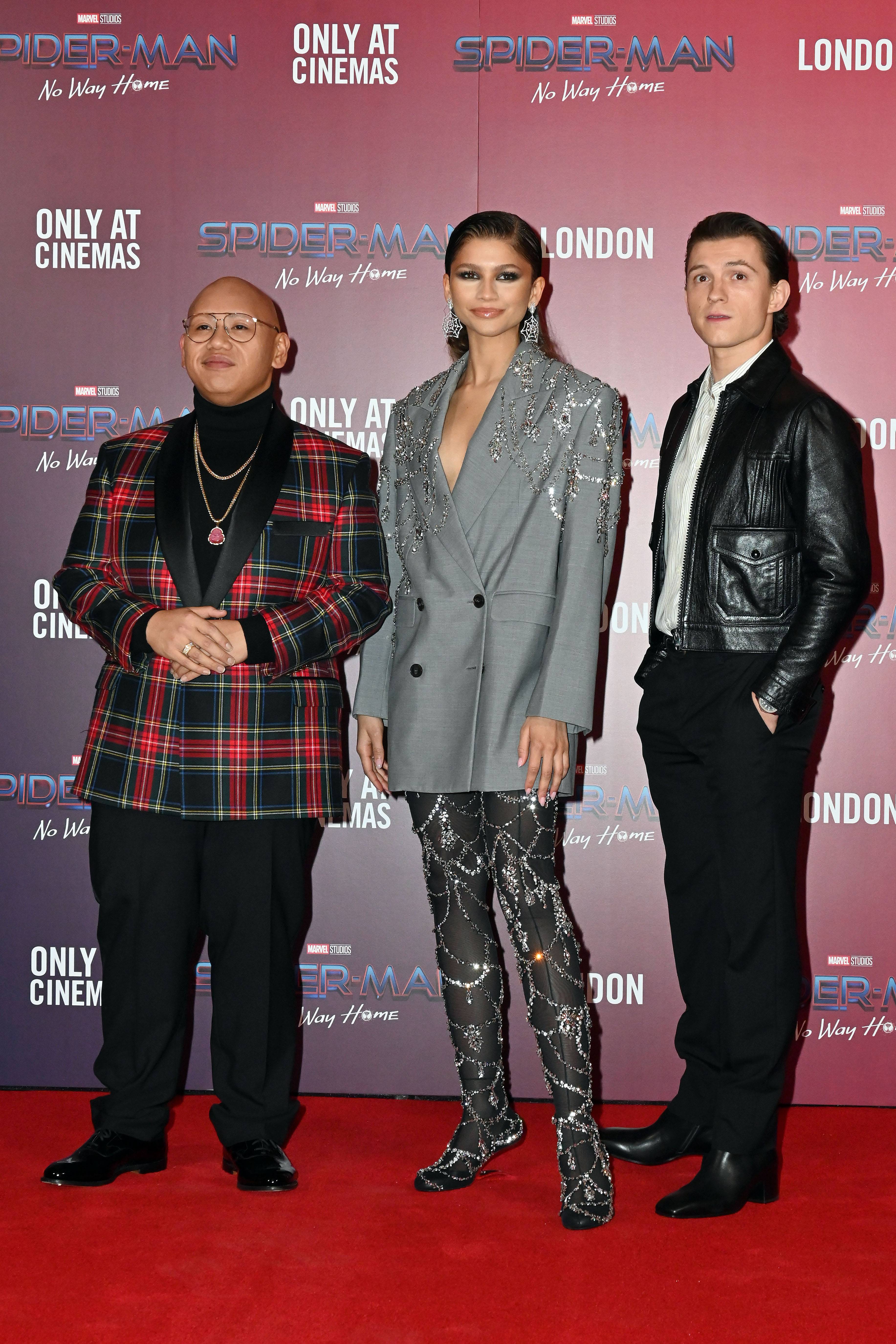 Jacob Batalon, Zendaya and Tom Holland at the Spider-Man: No Way Home red carpet in London.