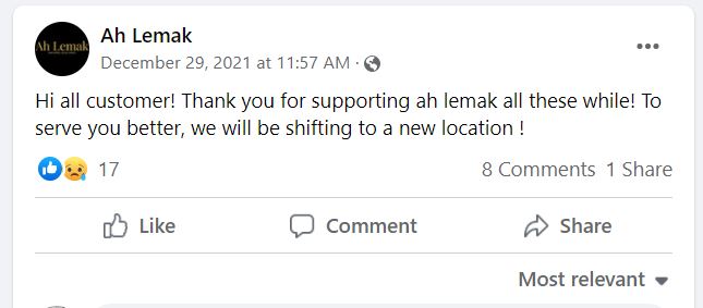 Ah Lemak quietly closed its doors on Boxing Day