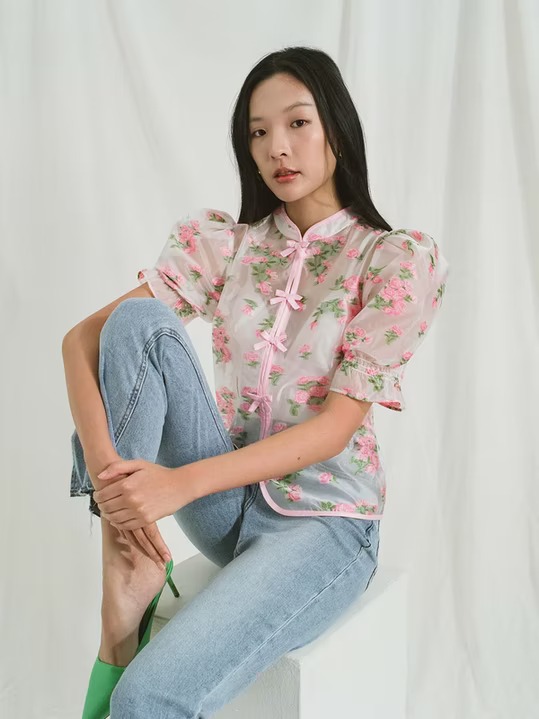 Floral Mandarin collar puff sleeved top, $44.90, from Pomelo