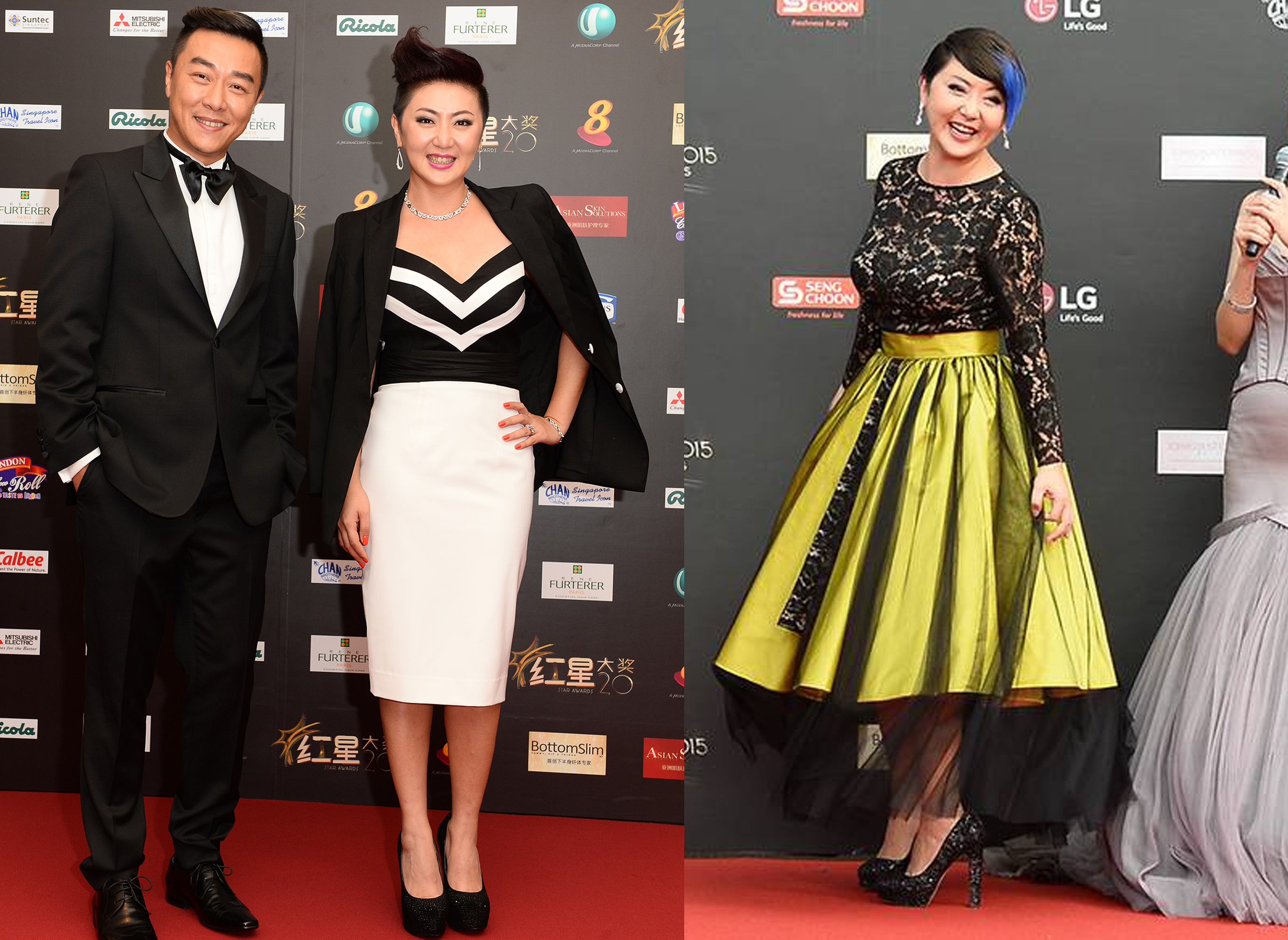 Yifeng wearing Eleanor's designs at the Star Awards in 2014 (left) and 2015 (right)