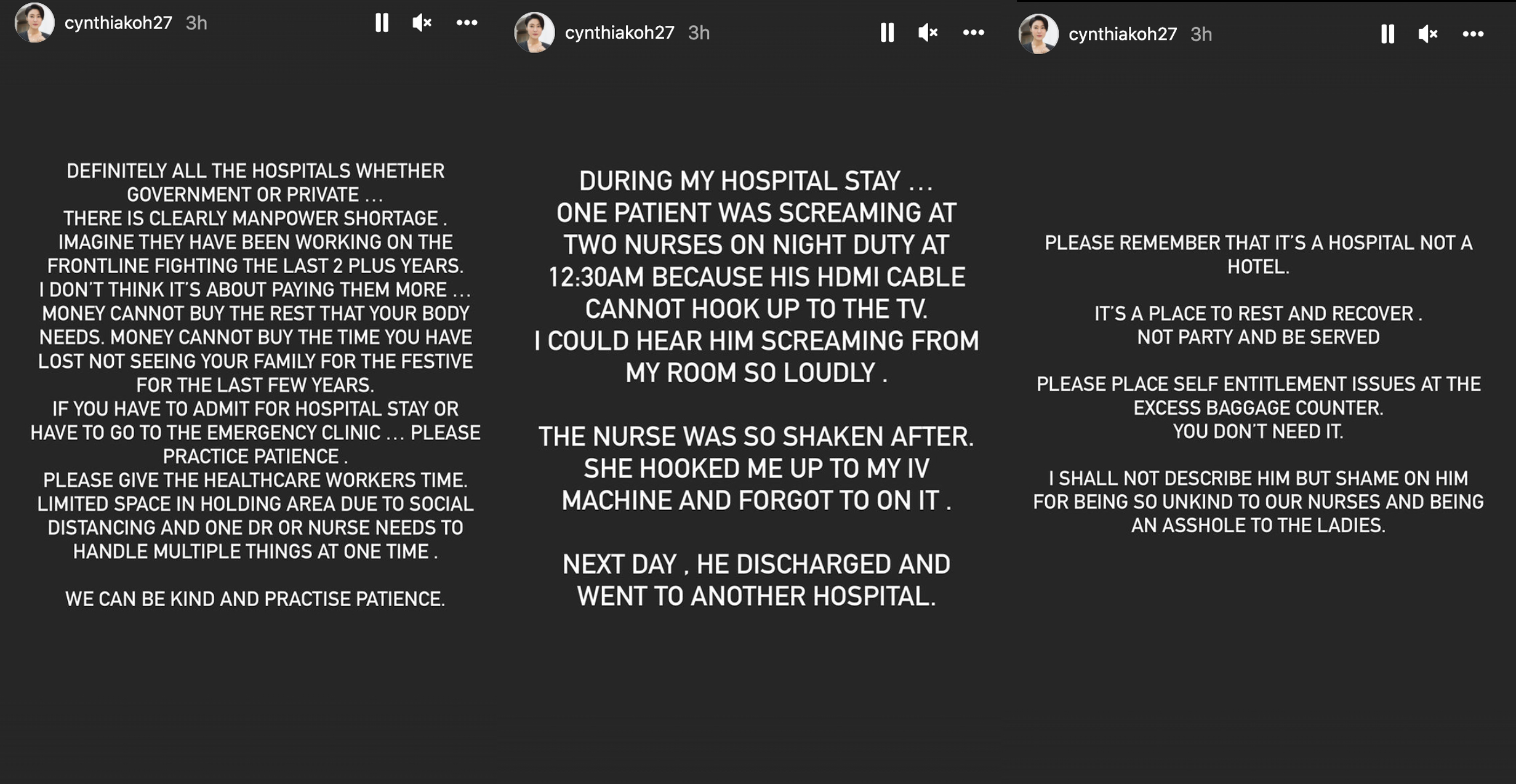 Cynthia's posts about her recent hospital experience