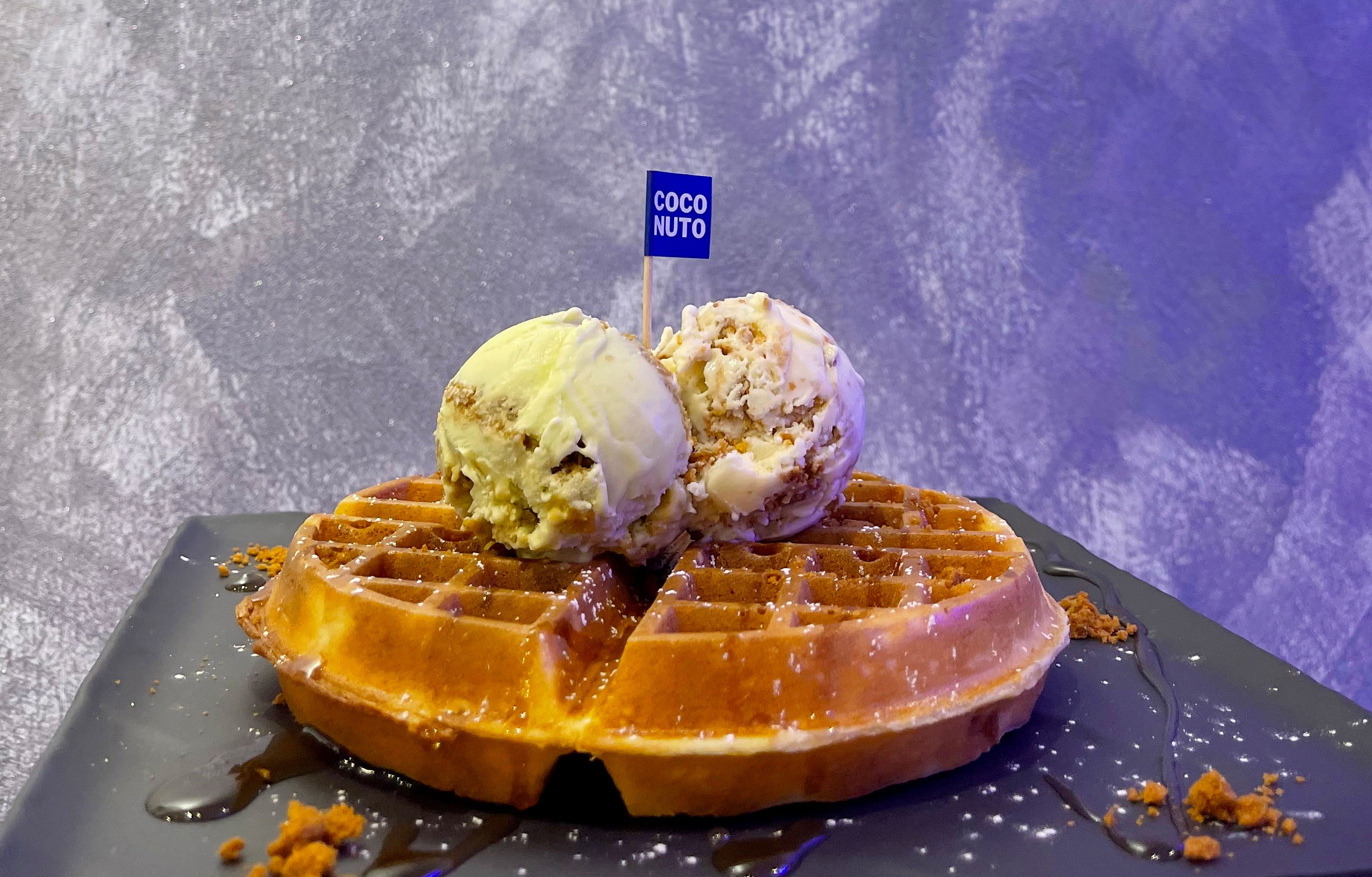 Coconut gelato and Belgian waffles served too