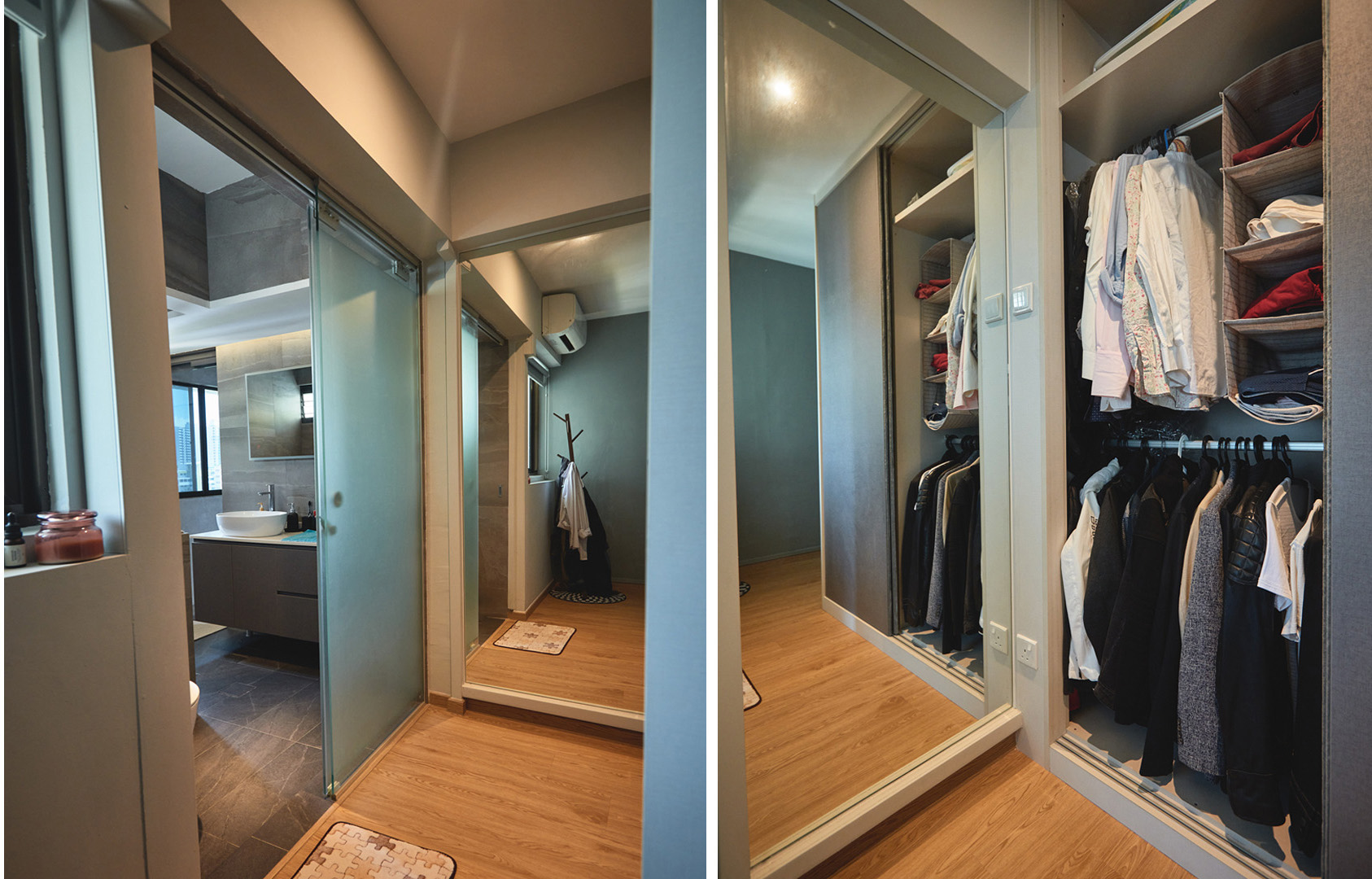 The modest walk-in wardrobe is located just before entry into the ensuite bathroom