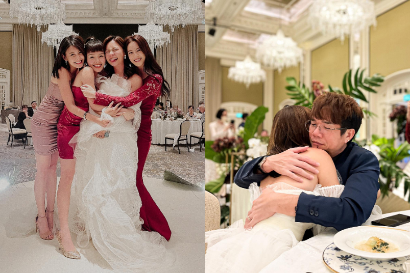 Getting hugs from her girlfriends and Cavin Soh