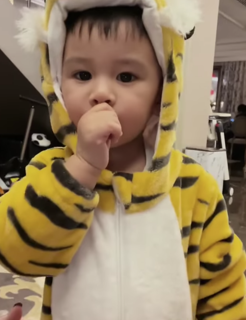 Zhang Zhenhuan's son Miro dressed up in a tiger onesie