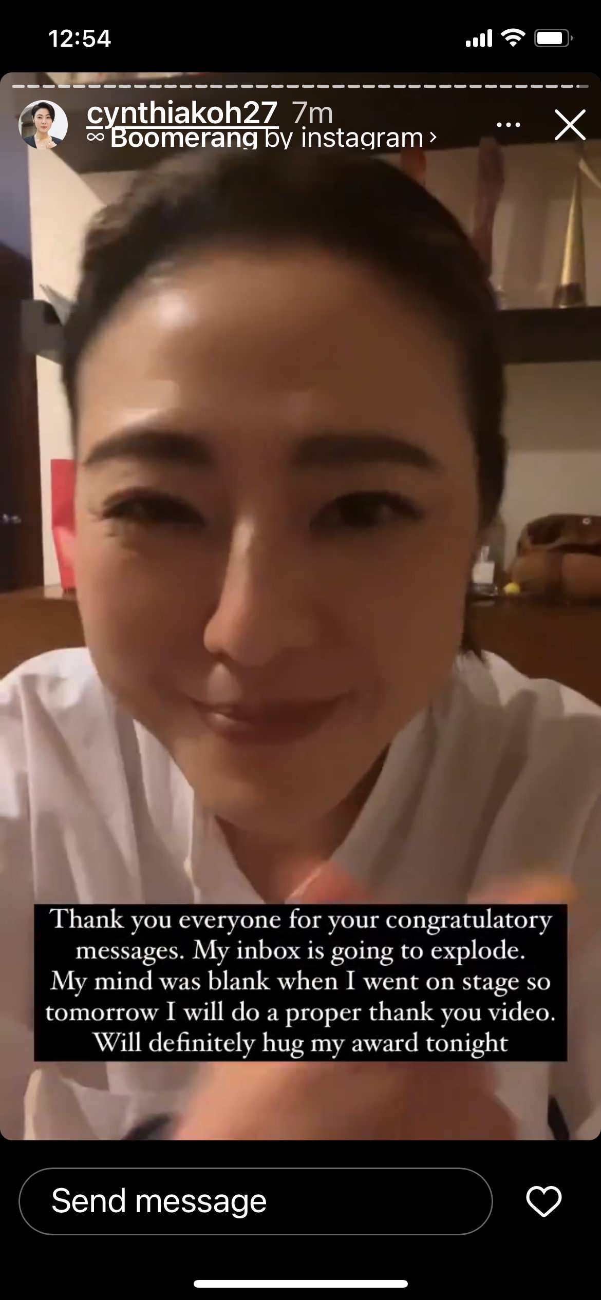 Cynthia Koh shares her Star Awards news with her fans via Instagram Story