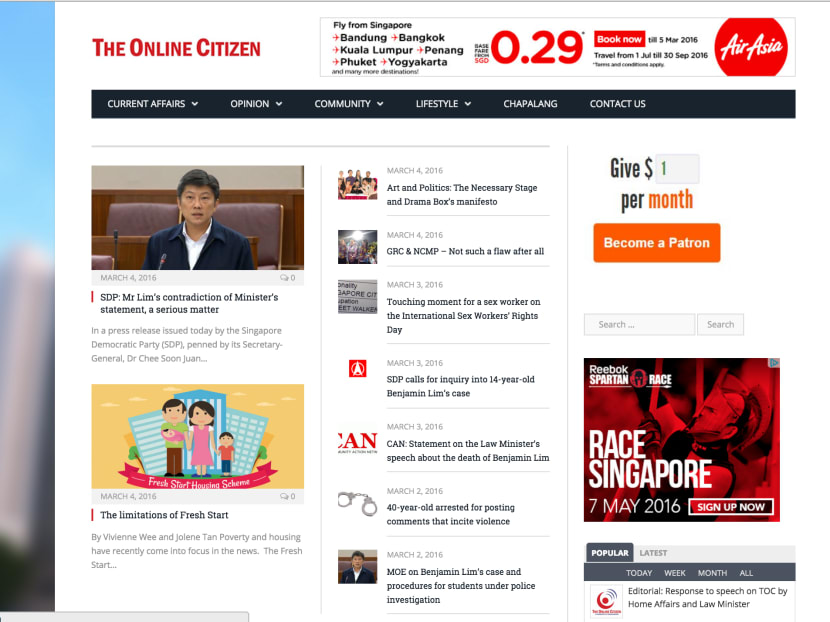 Screenshot of The Online Citizen webpage.