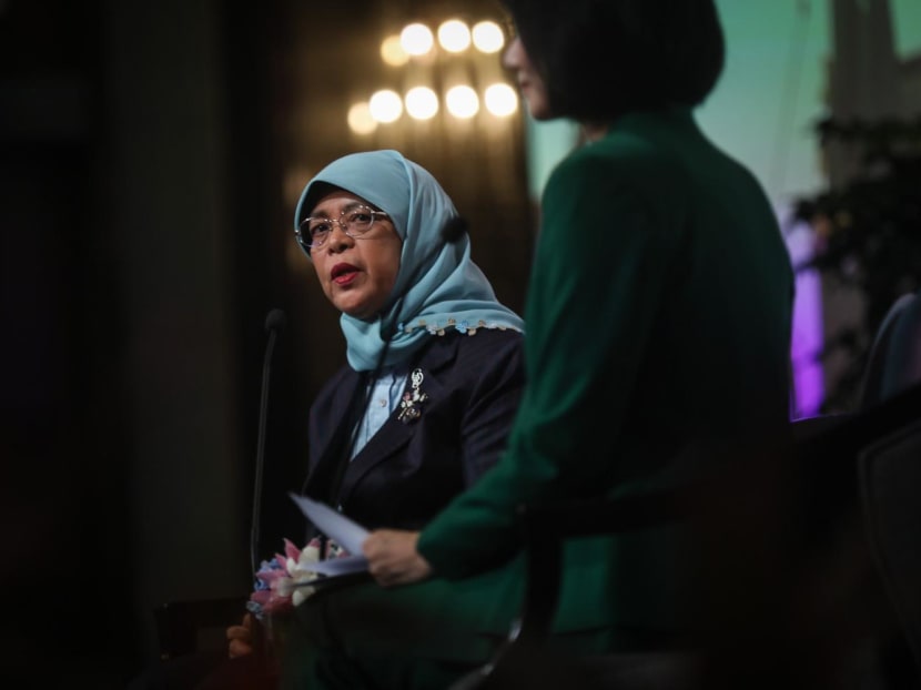 President Halimah Yacob at a fireside chat moderated by Minister of State for Social and Family Development Sun Xueling during the Council for Board Diversity fifth Anniversary forum on Aug 31, 2023. President Halimah Yacob at a fireside chat moderated by Minister of State for Social and Family Development Sun Xueling during the Council for Board Diversity fifth Anniversary forum on Aug 31, 2023.