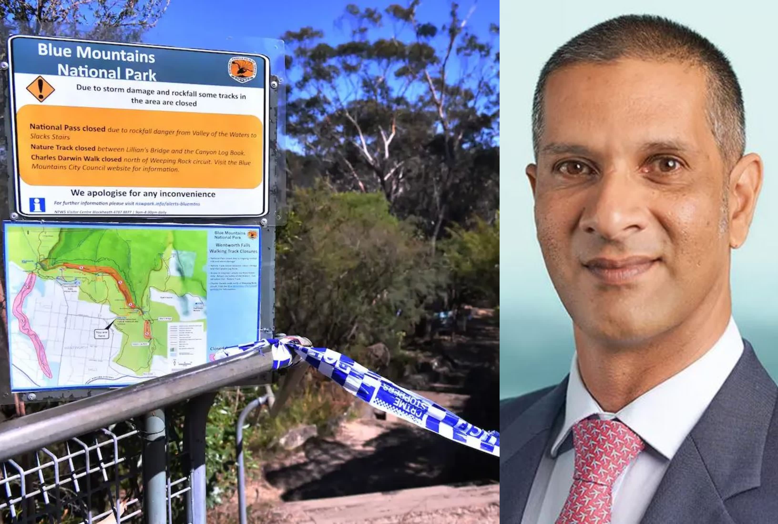 The entrance to the walking track where a landslide hit Mehraab Nazir's family at Wentworth Falls in the Blue Mountains on April 5, 2022. The entrance to the walking track where a landslide hit Mehraab Nazir's family at Wentworth Falls in the Blue Mountains on April 5, 2022.