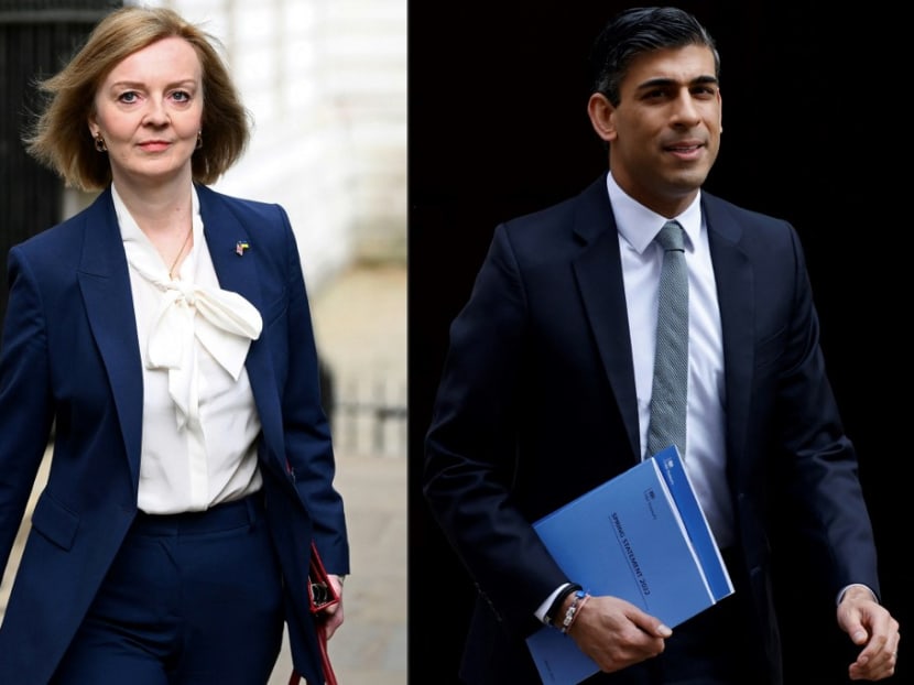 This combination of pictures created on July 12, 2022 shows Britain's foreign secretary Liz Truss arriving to attend the weekly Cabinet meeting at 10 Downing Street, in London, on April 19, 2022 and Britain's chancellor of the exchequer Rishi Sunak leaving the 11 Downing Street, in London, on March 23, 2022.&nbsp;
