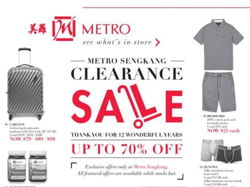 A poster for Metro's closing-down sale at its Sengkang outlet. Photo: Facebook/Metro Singapore