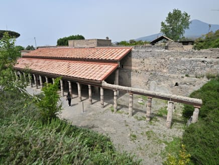A picture shows innovative solar panels on the roof of the 'Villa of Mysteries' which has been partly retiled on April 15, 2024 in Pompeii. 