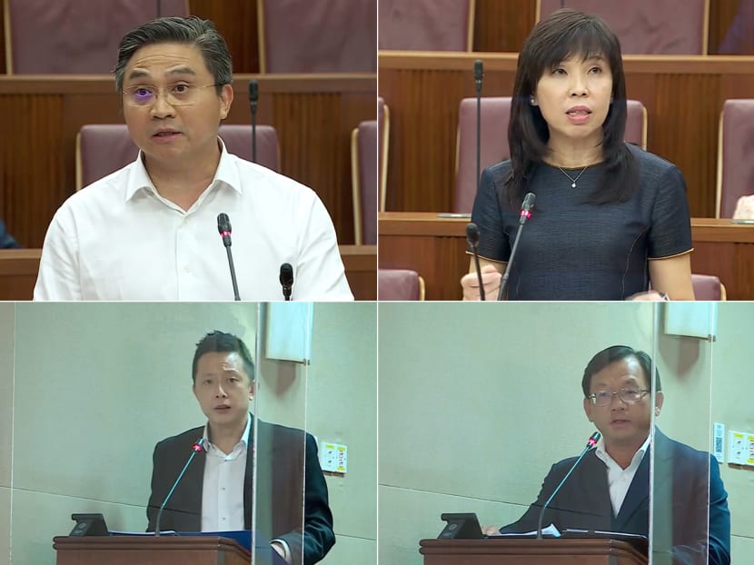 (Clockwise from left) Members of Parliament Saktiandi Supaat, Jessica Tan, Chong Kee Hiong and Yip Hon Weng debating the Budget on Feb 28, 2022.