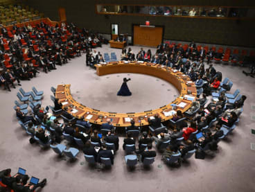 The United Nations Security Council meets on a motion for a Gaza ceasefire and hostage deal vote at the UN headquarters in New York, on March 22, 2024. 