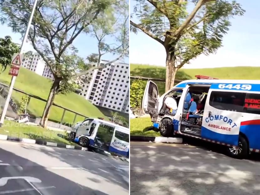 Screengrab from a video posted on Facebook showing the scene of the accident where a blue-and-white Comfort ambulance is seen facing oncoming traffic beside a tree.