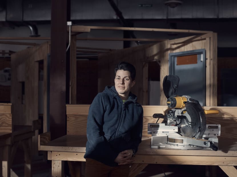 Hannah Grey, a fourth-year apprentice commercial carpenter, at the KML Carpenters Training Center outside Pittsburgh, March 2, 2018. Ms Grey had an undergrad degree in interior design but a workshop for architects and designers kicked in her memories of woodworking projects with her father.