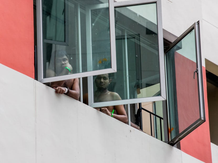 Migrant workers at Westlite Toh Guan Dormitory look out their window on June 12, 2020.