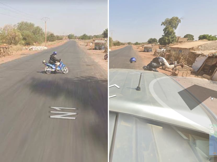 Google Maps' Street View showed a motorcyclist trying to do a U-turn before colliding with a Street View car in Senegal. 