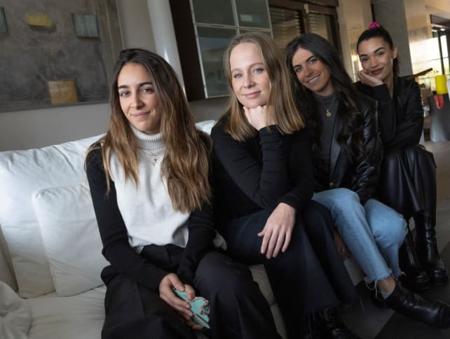 Founders of ac2ality, (from left) Daniela McArena Alvarez, Gabriela Campbell, Maria Murillo Sanchis and Paula Munoz Soriano pose in Las Rozas near Madrid on Feb 8, 2023