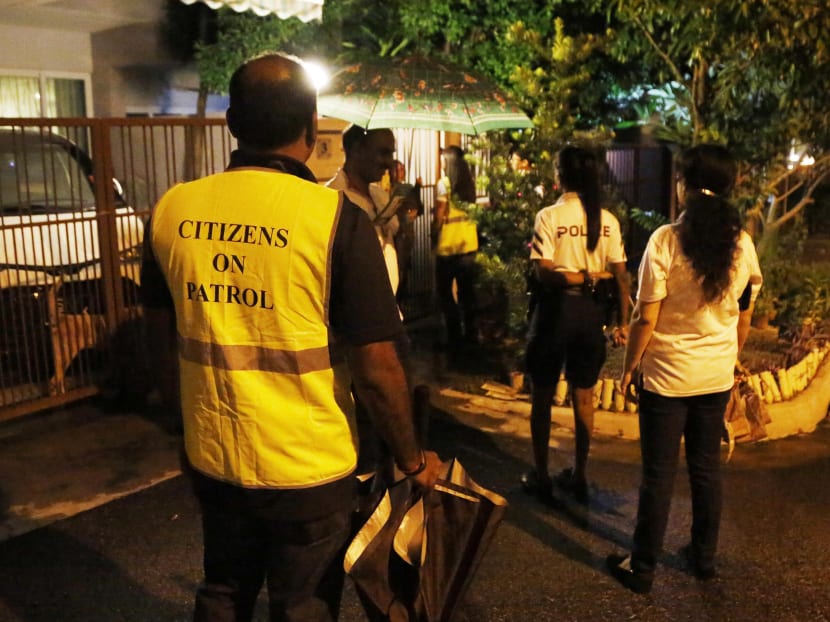 Sembawang Neighbourhood Committee members at a Citizens-on-Patrol session along Kerong Lane. Photo: Raj Nadarajan