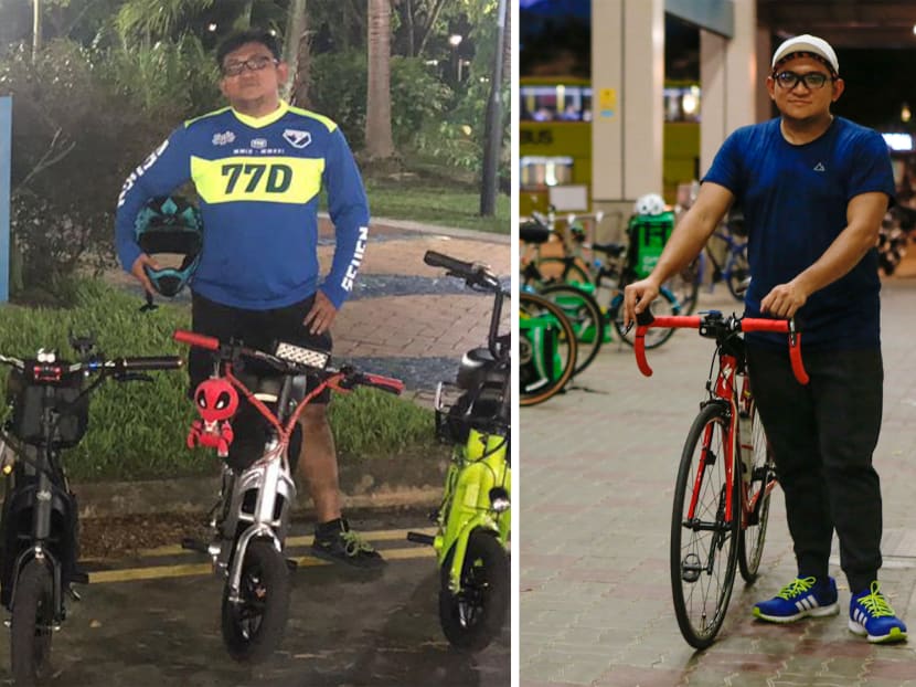Mr Muhammad Imran when he was riding his e-scooter (left) and after he switched to a bicycle. Mr Muhammad Imran when he was riding his e-scooter (left) and after he switched to a bicycle.