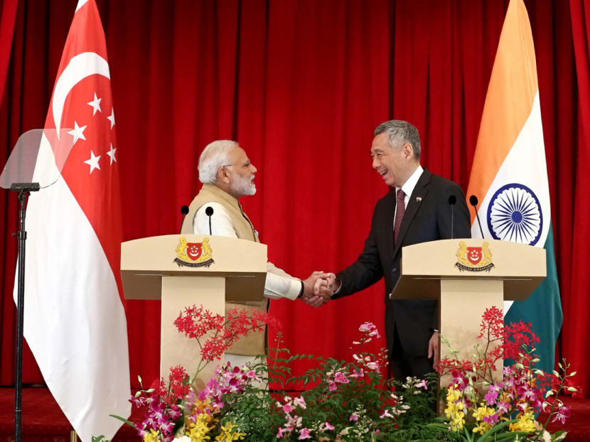 Indian Prime Minister Narendra Modi and Prime Minister Lee Hsien Loong at the joint press conference at the Istana.