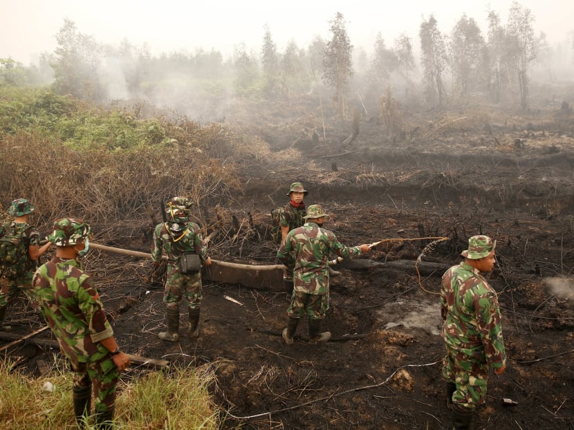 Indonesian soldiers spray water on a peat land fire near Palangkaraya, central Kalimantan, Indonesian October 28, 2015. Photo: Reuters