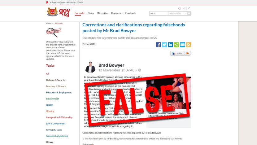POFMA Office directs Brad Bowyer to correct Facebook post in first use of 'fake news' law POFMA Office directs Brad Bowyer to correct Facebook post in first use of 'fake news' law