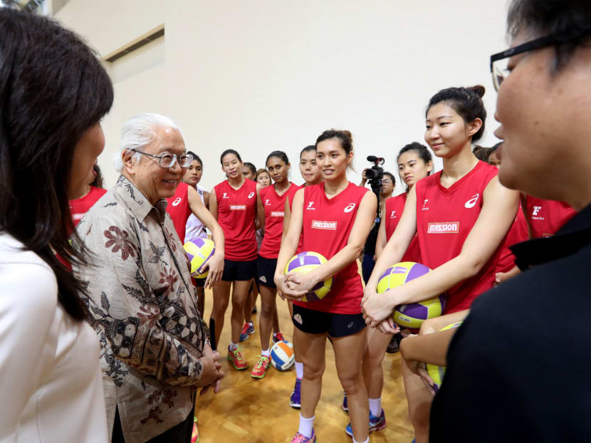 President Tony Tan with the netballers during their training session at the OCBC Arena yesterday. The President is confident Team Singapore athletes will do well at the SEA Games in August and do Singapore proud. ‘I am sure we will have a very good result,’ he said. Photo: MCI