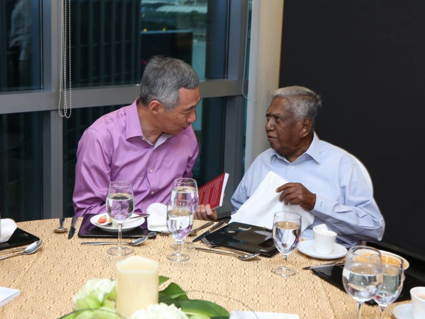 Prime Minister Lee Hsien Loong together with former president S R Nathan at a book launch last year. Photo: Mr Lee Hsien Loong's Facebook page