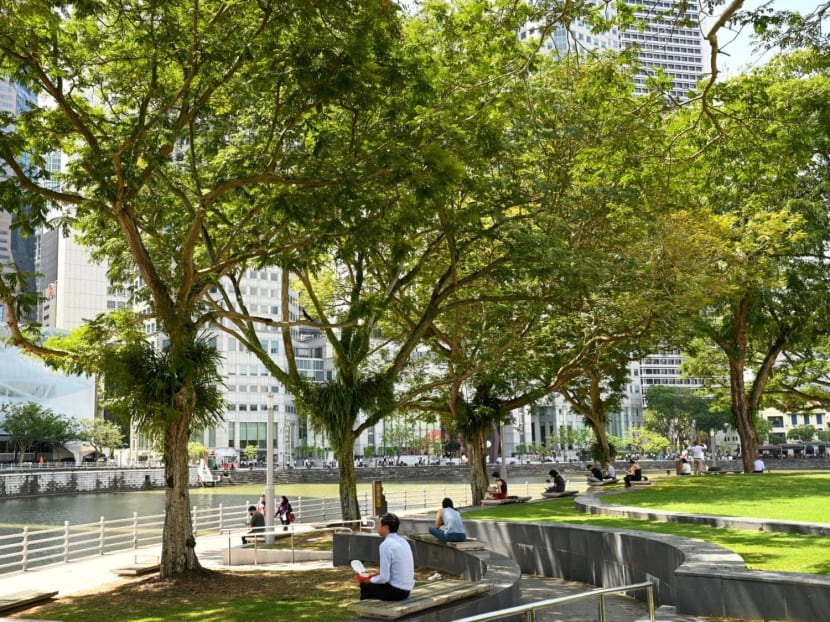 A view of the Raffles Place financial business district in Singapore at lunchtime.
