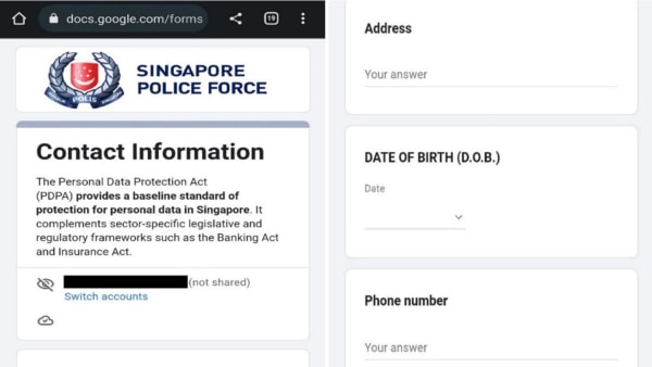 Scammers trick victims into filling in Google forms with 'Singapore Police Force' insignia