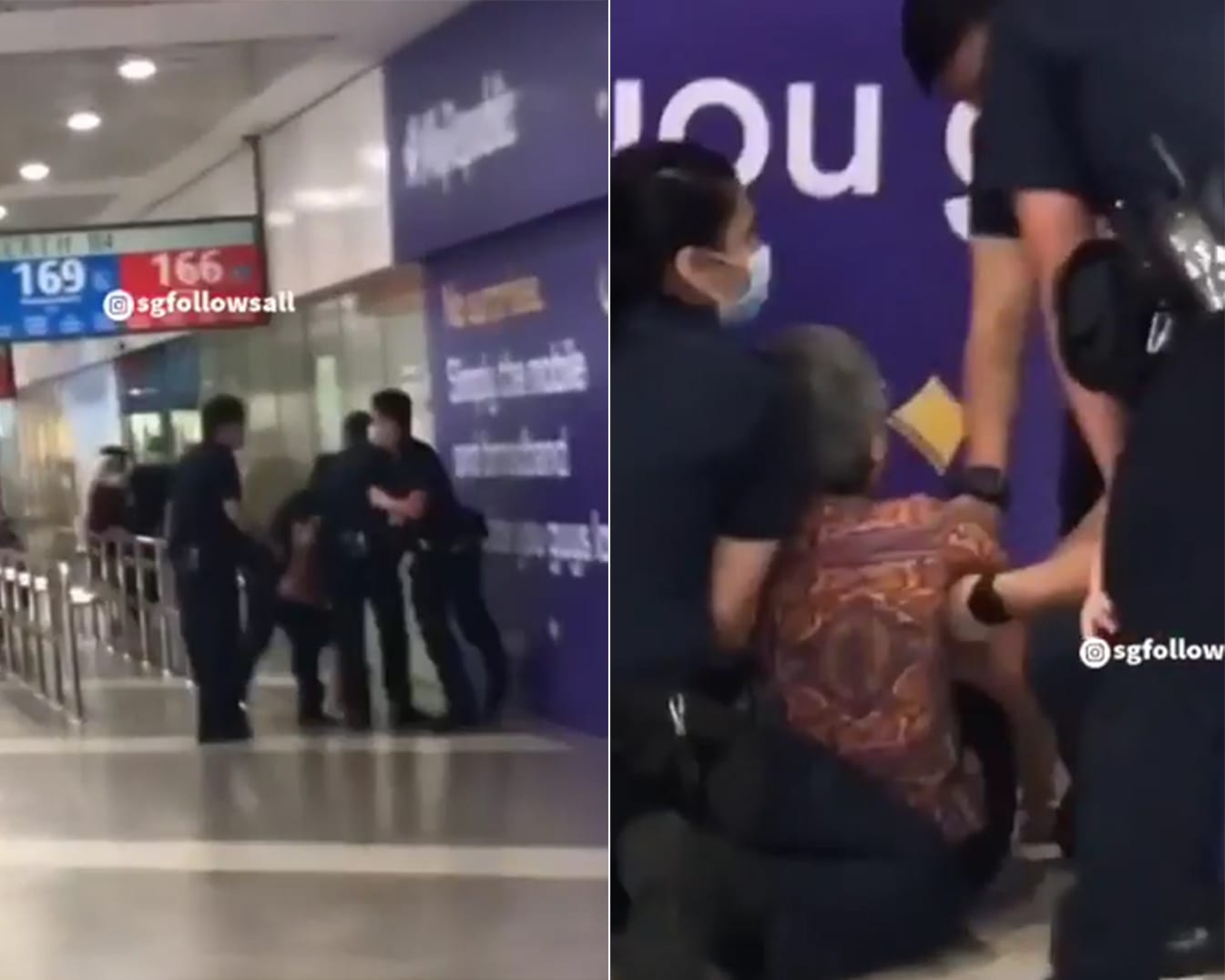 A video posted on Instagram account robinhoot.sg showed four policemen surrounding a woman at Ang Mo Kio Bus Interchange, which is located within AMK Hub.