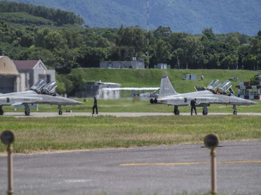 Taiwanese warplanes landing at a base in Hualien, Taiwan on Aug 7, 2022. China may be trying to wear down Taiwan’s pilots with its many incursions. 
