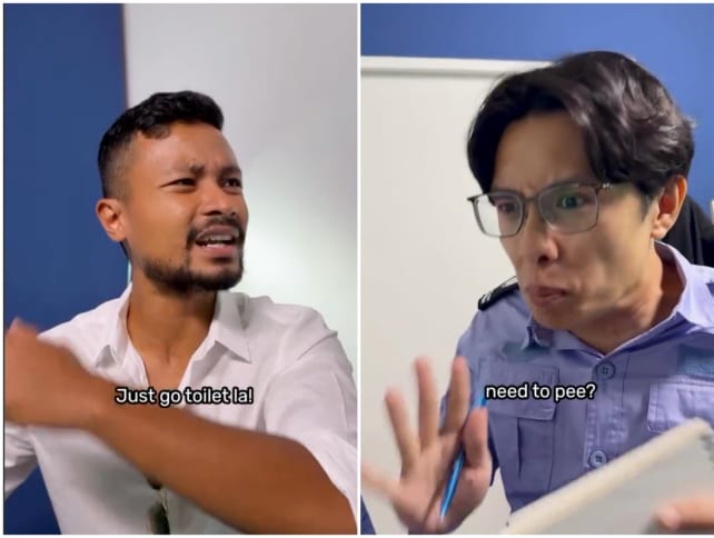 Screenshots from a video by SGAG showing a skit involving security guards and their inane questions on the first day of their job.
