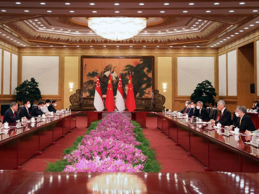 Prime Minister Lee Hsien Loong meeting with Chinese Premier Li Qiang at the Great Hall of the People in Bejing on April 1, 2023.