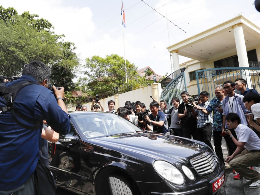 A car leaving the North Korean Embassy in KL yesterday. Putrajaya is considering expelling North Korea’s envoy to Malaysia, or shutting its embassy in Pyongyang. Photo: AP