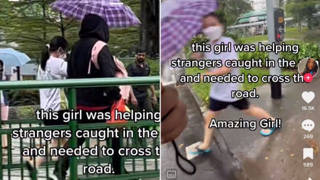女中学生雨中撑伞助人过马路获网赞