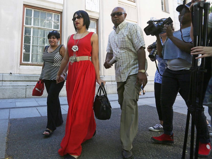 This Feb 27, 2015 file photo shows Celeste Nurse, second from left, the mother of a South African girl who was abducted after birth in 1997, leaving the Cape Town magistrates' court with family members, after attending a hearing during which a 50-year old woman appeared for allegedly kidnapping Nurse's daughter. Photo: AFP