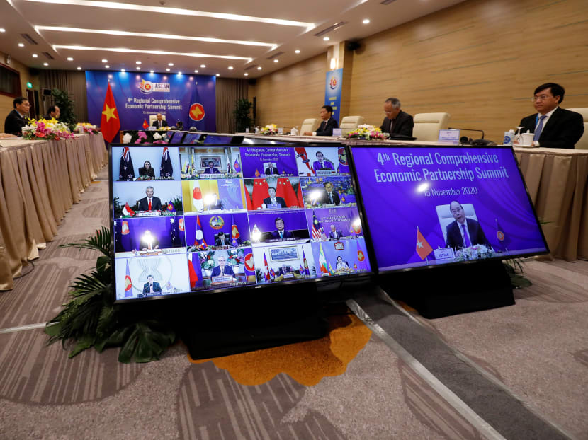 Vietnam's Prime Minister Nguyen Xuan Phuc chairing the 4th Regional Comprehensive Economic Partnership Summit as part of the 37th Asean Summit in Hanoi, Vietnam, on Nov 15, 2020.