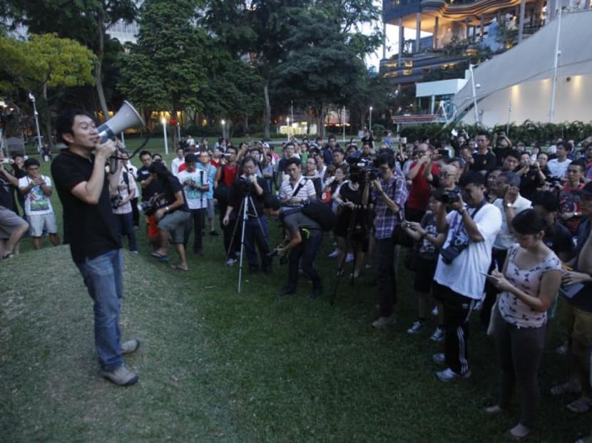 Jolovan Wham speaking at the Speakers Corner during an earlier event on the Malaysian elections.