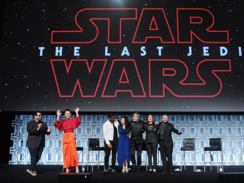 Josh Gad, Daisy Ridley, Kelly Marie Tran, Mark Hamill, Katheen Kennedy and Rian Johnson attending the Star Wars: The Last Jedi panel during the 2017 Star Wars Celebration in Orlando, Florida. Photo: AFP