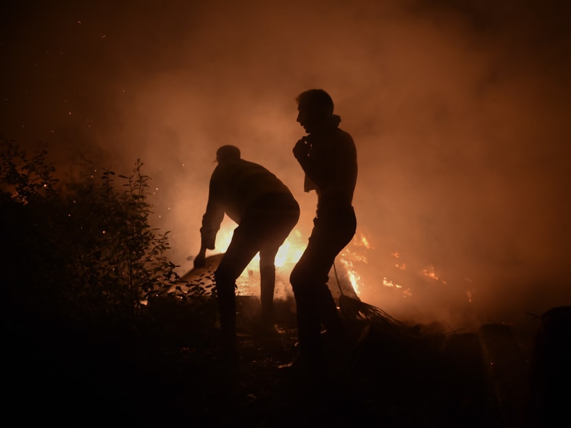Firefighters and civilians attempt to subdue wildfire flames in Vigo, northwestern Spain. Hundreds of firefighters struggled to contain 17 separate wildfires in the northwestern Spanish region of Galicia. Photo: AFP