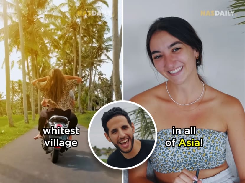 Screenshots (left and right) from a video by travel vlogger Nas Daily (centre insert) who sparked controversy online by touting Bali in Indonesia as the "whitest island in Asia".