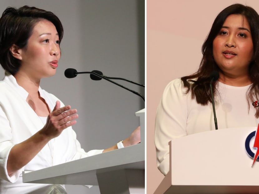 PAP members Gho Sze Kee (left) and Nadia Samdin speaking at the party's convention on Nov 28, 2021.