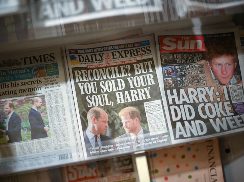 British daily newspaper, leading with stories about the publication of the book 'Spare' by Britain's Prince Harry, Duke of Sussex, are pictured displayed for sale in London on Jan 6, 2023.
