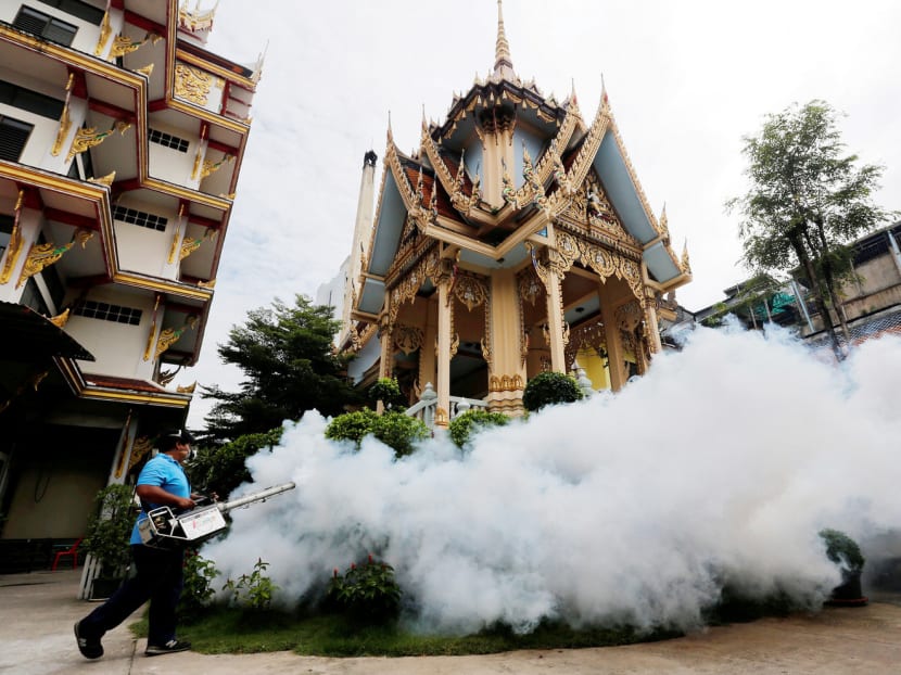 A worker fumigates the area around a temple in Bangkok to control the spread of mosquitoes. Asean member states have agreed to intensify vector-control measures in their respective countries, as the best preventive move. Photo: Reuters