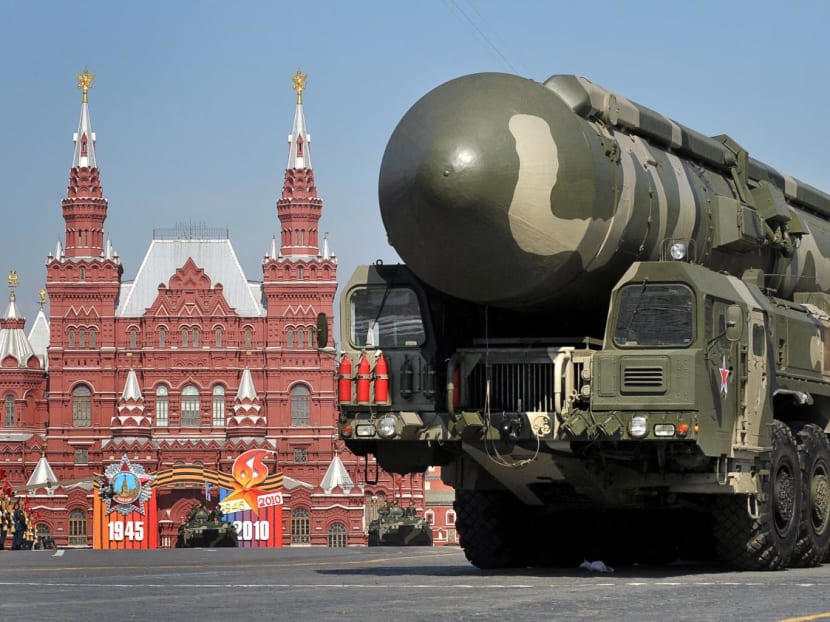 Russian Topol-M intercontinental ballistic missiles drive through Red Square during the Victory Day parade in Moscow on May 9, 2010.